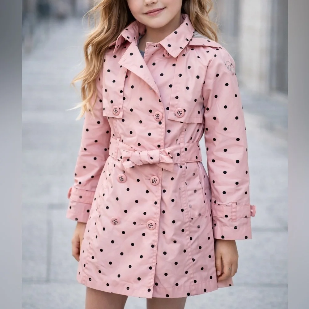 Jessica Simpson Girls Pink Polka Dot Trench Coat Size 6X | Hooded (1220)